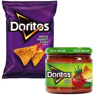Doritos USA kukuřičné tortillové chipsy s příchutí chilli + Doritos Mild Salsa zeleninový dip