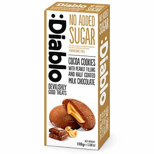 :Diablo kakaové sušenky s arašídovou náplní máčené v mléčné čokoládě bez přid. cukru 110 g