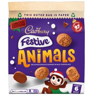 Cadbury Festive Animals sušenky máčené v mléčné čokoládě 6 x 19,9 g