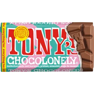 Tony's Chocolonely mléčná čokoláda s kousky karamelu, preclíků, mandlí, nugátu a soli 90 g