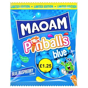 Maoam Pinballs žvýkací bonbony s měkkým středem s příchutí modré maliny 140 g PM
