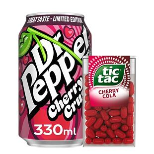 Dr Pepper Cherry Crush 330 ml + Tic Tac bonbonky s příchutí třešně a koly 18 g