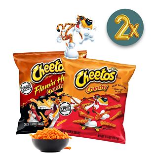 Cheetos kukuřič. křupky s příchutí sýru + Cheetos Flamin' Hot pálivé křupky se sýr. příchutí