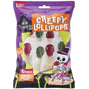 Becky's halloweenská lízátka s příchutí zeleného jablka a jahody 100 g