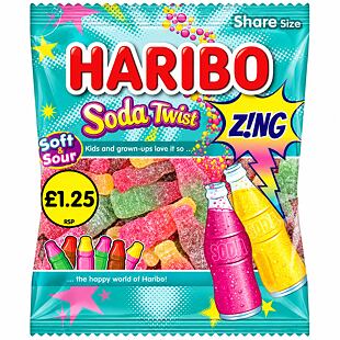 Haribo Soda Twist želé bonbony s příchutí ovocných a kolových nápojů 140 g PM