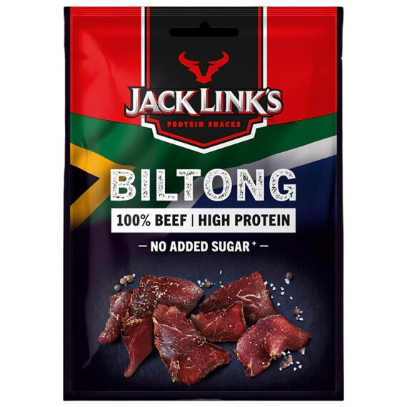 Balení sušeného hovězího masa značky Jack Link's s obsahem 100 % hovězího masa, vysokým obsahem bílkovin a bez přidaného cukru. Hmotnost 20 g