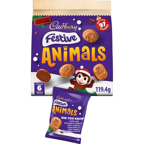 Cadbury Festive Animals sušenky máčené v mléčné čokoládě 6 x 19,9 g