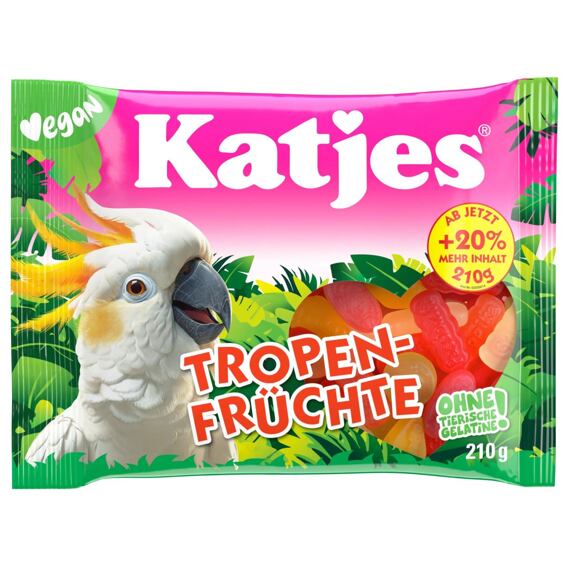 Katjes DE Tropen-Früchte Vegan želé s příchutí tropického ovoce ve tvaru papoušků 210 g