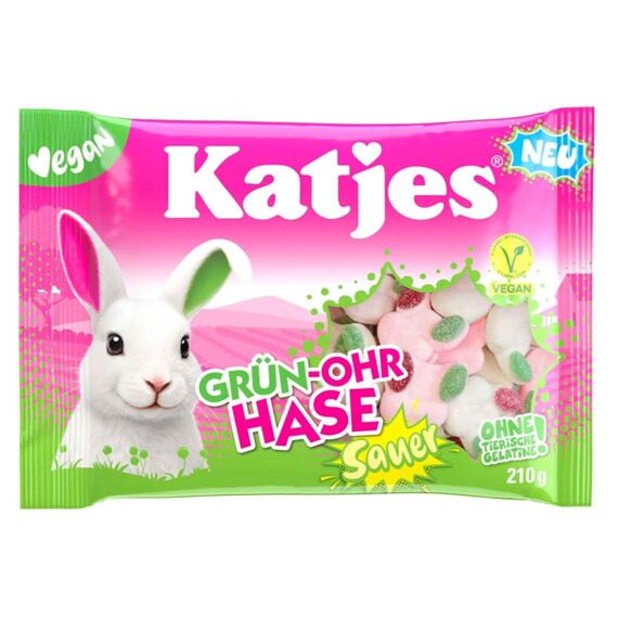 Katjes DE SAUER Grün-Ohr Hase Vegan kyselé pěnové bonbóny ve tvaru zajíčků 210 g