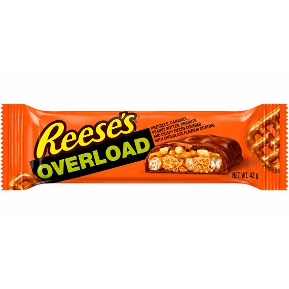 Reese's Overload čokoládová tyčinka s arašídovým máslem, karamelem a preclíky 42 g