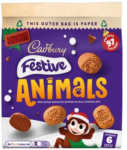 Cadbury Festive Animals sušenky máčené v mléčné čokoládě 6 x 19,9 g