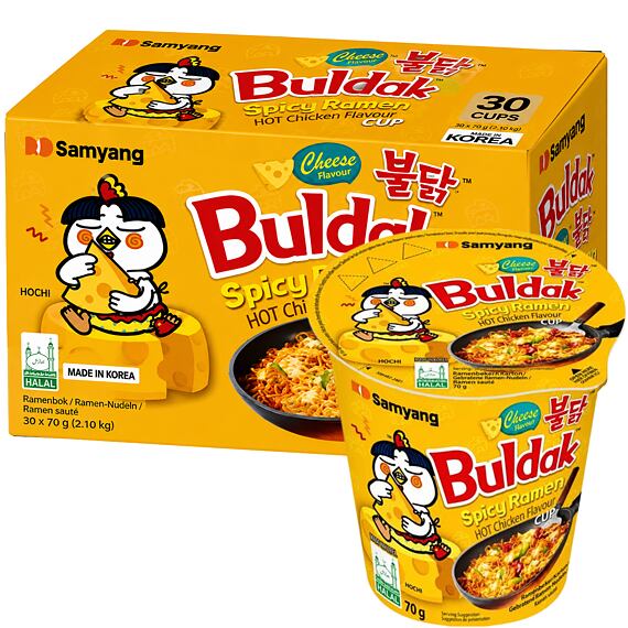 Samyang Buldak Cup instantní pálivé těstoviny s kuřecí a sýrovou příchutí 70 g Celé balení 30 ks