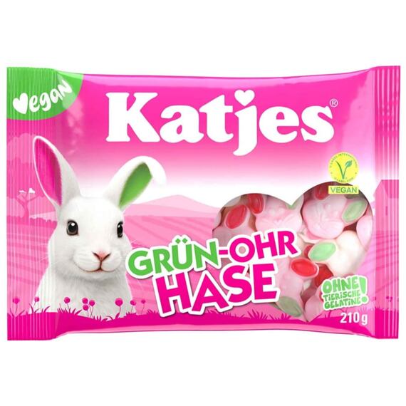 Katjes DE Grün-Ohr Hase Vegan marshmallow bonbóny s příchutí jahoda a rybíz 210 g