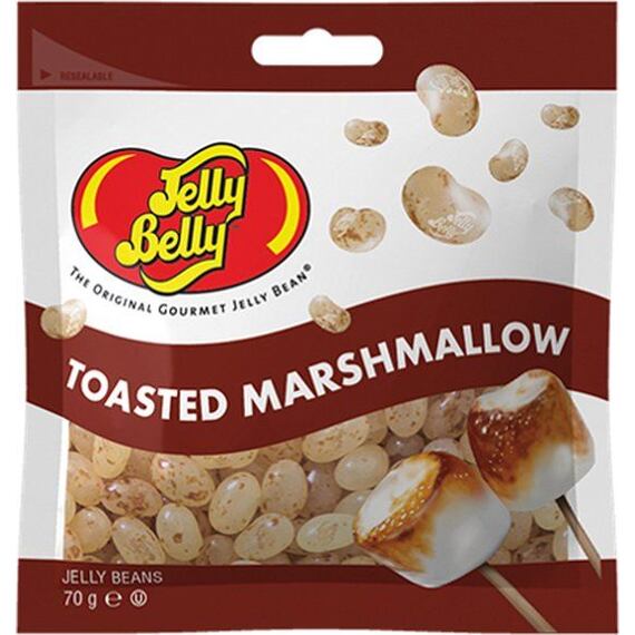 Balení želatinových bonbónů značky Jelly Belly s příchutí opékaného marshmallow, na obalu jsou zobrazeny opékané marshmallow na špejli. Hmotnost 70 g