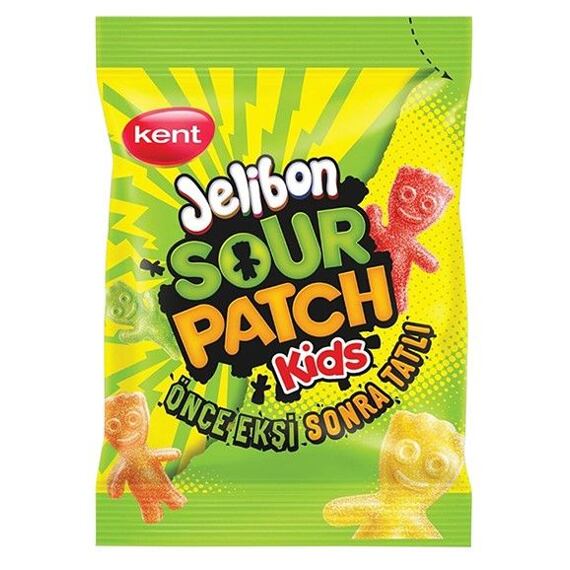 Balení kyselých želé bonbónů Kent Jelibon Sour Patch Kids s nápisem "Önce Ekşi Sonra Tatlı" a postavičkami bonbónů v různých barvách. Hmotnost 80 g