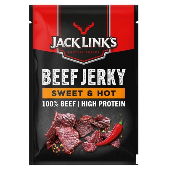 Balení sušeného hovězího masa Jack Link's, příchuť sladká a pálivá, s vysokým obsahem bílkovin, vedle kousků masa je červená chilli paprička. Hmotnost 60 g