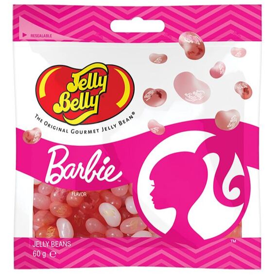 Balení želé bonbónů Jelly Belly s motivem Barbie obsahující různé růžové a bílé bonbóny. Hmotnost 60 g