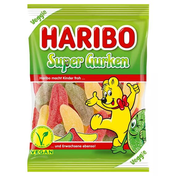 Haribo sour chewy candies with strawberry, raspberry and lemon flavors in the shape of cucumbers 175