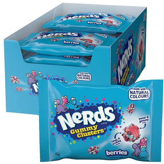 Nerds Clusters Berries žvýkací bonbony v cukrové skořápce s ovoc. příchutěmi 45 g Celé balení 20 ks