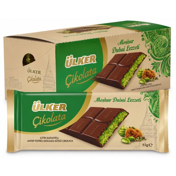 Ülker Dubajská ml. čokoláda s pistáciovou náplní s těstovými nudlemi kadayif 93 g Celé balení 6 ks