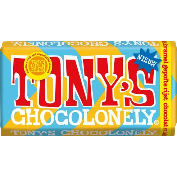 Tony's Chocolonely mléčná čokoláda s kousky pufované rýže a karamelem 180 g