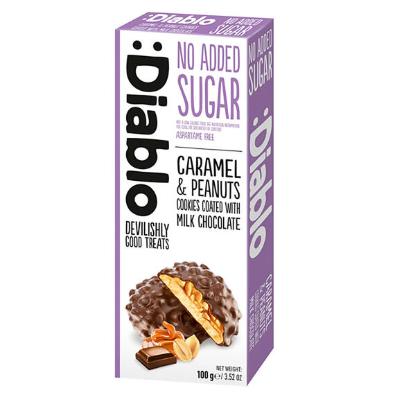 :Diablo sušenky s arašídy a karamelem s mléčnou čokoládou bez přidaného cukru 100 g