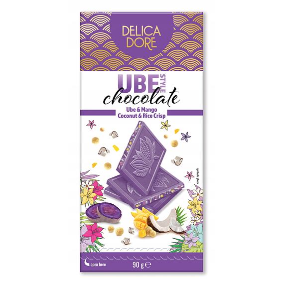 Delica Dore bílá čokoláda s příchutí ube s kousky manga, kokosu a pufovanou rýží 90 g