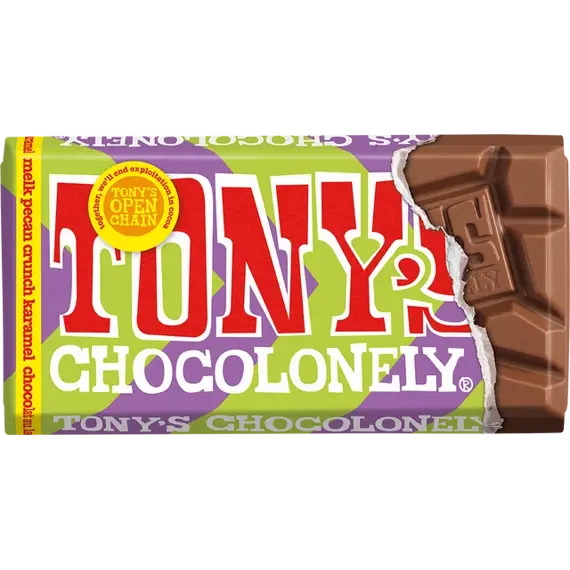 Tony's Chocolonely mléčná čokoláda s kousky pekanových ořechů a karamelem 90 g