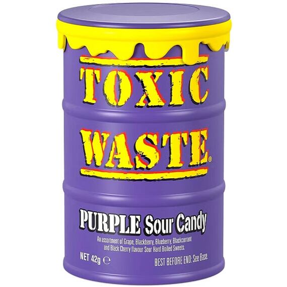 Kovový sud s nápisem „TOXIC WASTE“ obsahující kyselé bonbóny s příchutí hroznů, ostružin, borůvek, černého rybízu a višní. Hmotnost 42 g