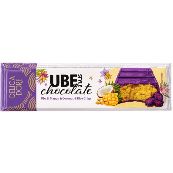 Delica Dore bílá čokoláda s příchutí ube s náplní s  mangem, kokosem a pufovanou rýží 70 g