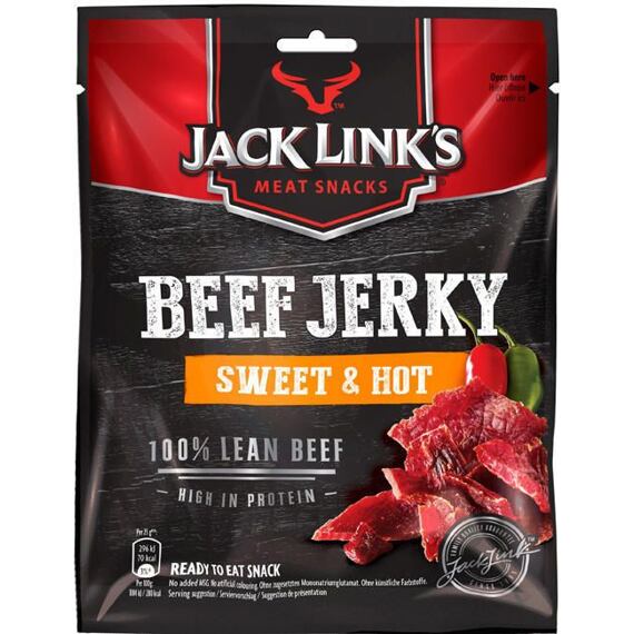 Balení sušeného hovězího masa Jack Link's, příchuť sladké a ostré, 100 % libové hovězí maso, bohaté na protein, připravené k přímé konzumaci. Hmotnost 25 g