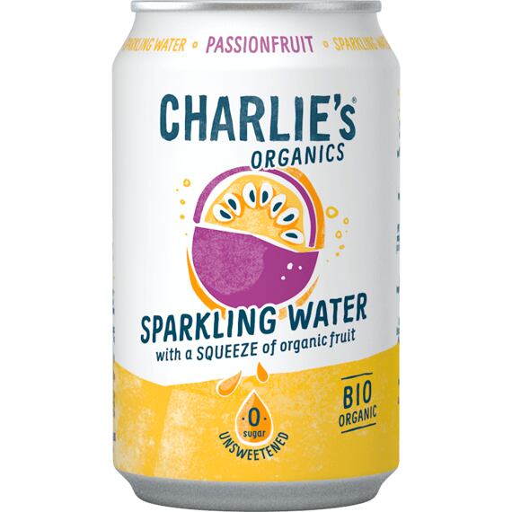 Charlie's Organics sycená pitná voda s mučenkovou šťávou 330 ml Celé balení 12 ks