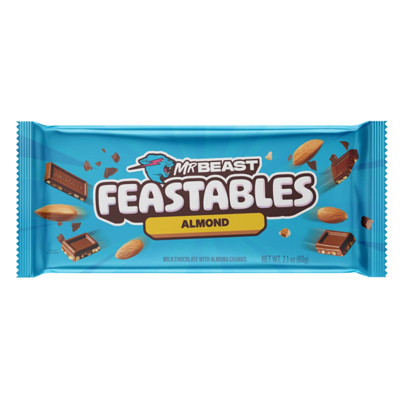 Mléčné čokolády MrBeast Feastables s kousky mandlí v modrém obalu.