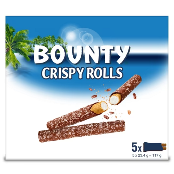 Bounty Crispy Rolls bars with coconut filling and milk chocolate coating 5 x 23.4 g