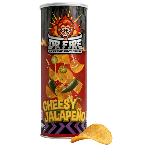 Dr. Fire Cheesy Jalapeno bramborové chipsy s příchutí sýru a jalapeno papriček 80 g