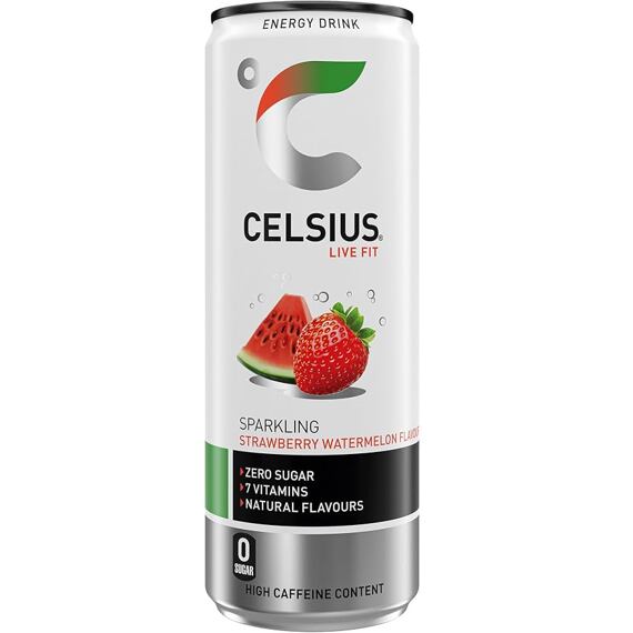 Celsius UK vitaminizovaný energetický nápoj bez cukru s příchutí jahody a melounu 355 ml