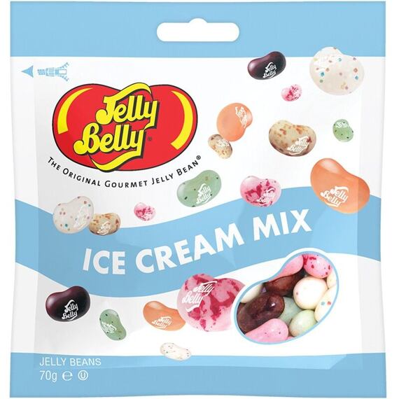 Balení želé bonbónů Jelly Belly s příchutí zmrzliny o hmotnosti 70 gramů, zobrazující různé barevné želé fazole.