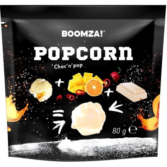 Boomza! karamelizovaný popcorn v polevě s příchutí pikantního manga a bílé čokolády 80 g