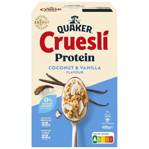 Quaker proteinové müsli s vanilkovou příchutí s kousky kokosu bez přidaného cukru 400 g