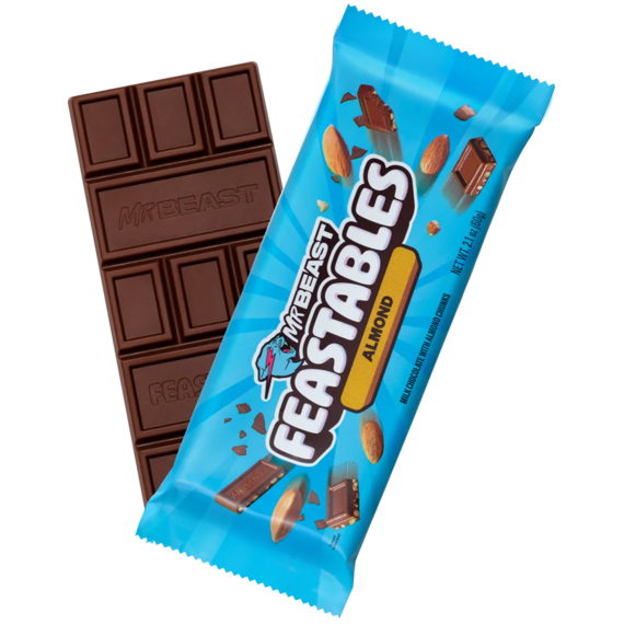 Čokoládová tyčinka MrBeast Feastables s kousky mandlí a nápisem "Almond" na obalu. Hmotnost 60 g