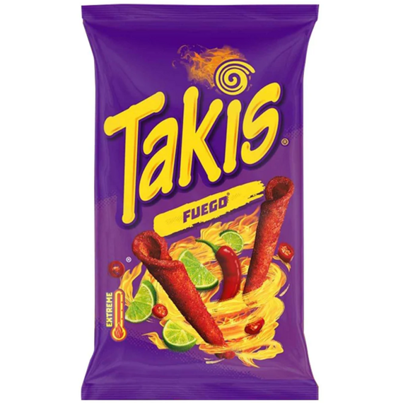 Balení extrémně pálivých kukuřičných rolí s příchutí chili a limetky, značka Takis Fuego.