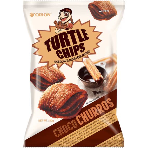ORION Turtle Chips pšeničné sušenkové chipsy s příchutí čokolády a churros 80 g