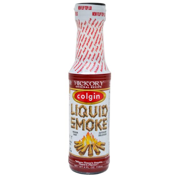 Láhev Colgin Liquid Smoke s příchutí Hickory pro snadné a chutné ochucení jídel jako maso, ryby, zelenina nebo polévky bez kouře. Objem 118 ml