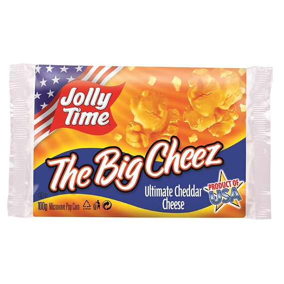 Balení mikrovlnného popcornu značky Jolly Time s příchutí cheddarového sýra, hmotnost 100 g, vyrobeno v USA.