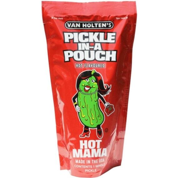Balení okurky s pikantní příchutí od značky Van Holten’s, označené jako Hot Mama, obsahuje jednu celou nakládanou okurku. Hmotnost 306 g