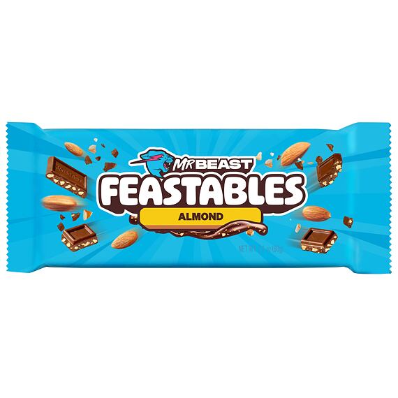 Čokoládová tyčinka MrBeast Feastables s kousky mandlí a nápisem "Almond" na obalu. Hmotnost 60 g