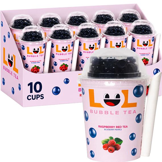 LOL Bubble Tea malinový čaj s borůvkovými kuličkami 275 ml Celé balení 10 ks