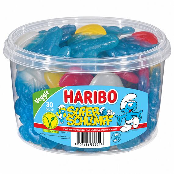 Haribo DE Super Schlümpfe dóza želé velcí šmoulové příchuť jahoda a malina (30 ks) 1440 g