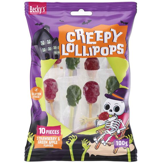 Becky's halloweenská lízátka s příchutí zeleného jablka a jahody 100 g