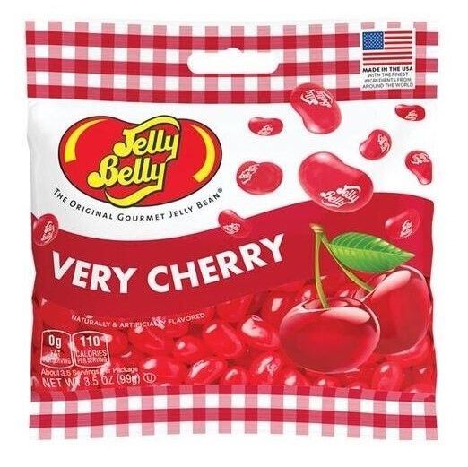 Balení ovocných želé bonbónů Jelly Belly příchuť velmi třešňová, s obrázkem třešní a označením vyrobeno v USA. Hmotnost 70 g